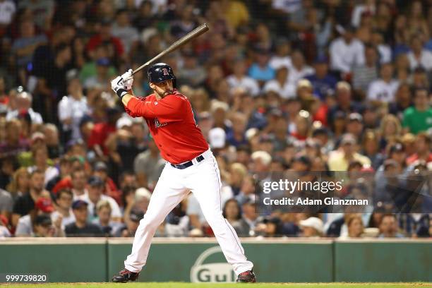 Martinez of the Boston Red Sox bats in the fifth inning of a game against the Toronto Blue Jays at Fenway Park on July 13, 2018 in Boston,...