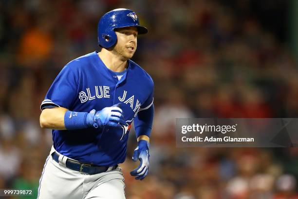 Justin Smoak of the Toronto Blue Jays runs to first base in the eighth inning a game against the Boston Red Sox at Fenway Park on July 13, 2018 in...
