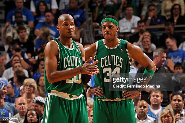 Ray Allen and Paul Pierce of the Boston Celtics during the game against the Orlando Magic in Game Two of the Eastern Conference Finals during the...