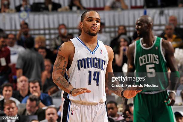 Jameer Nelson of the Orlando Magic reacts to a play against the Boston Celtics in Game Two of the Eastern Conference Finals during the 2010 NBA...