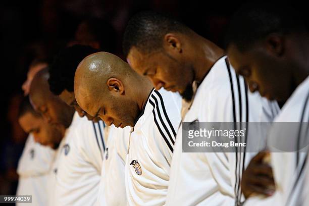 Vince Carter of the Orlando Magic stands amongst his teammates during the National Anthem against the Boston Celtics in Game Two of the Eastern...