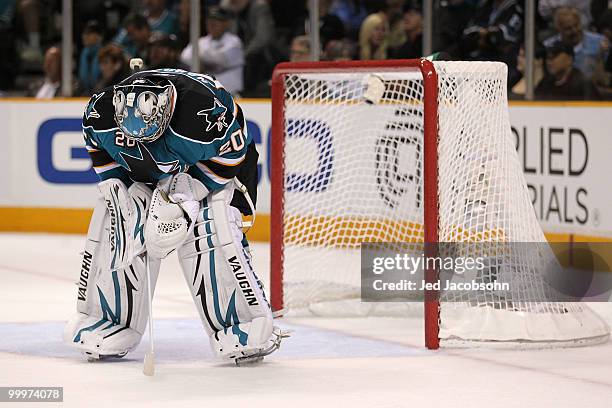 Goaltender Evgeni Nabokov of the San Jose Sharks looks down in the second period while taking on the Chicago Blackhawks in Game Two of the Western...