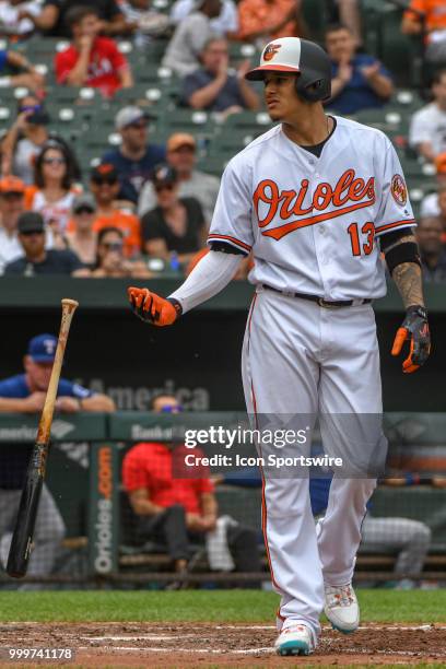 Baltimore Orioles shortstop Manny Machado drops his bat after walking during the game between the Texas Rangers and the Baltimore Orioles on July 15...