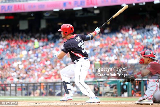 Nate Lowe of Team USA hits an RBI single during the SiriusXM All-Star Futures Game at Nationals Park on Sunday, July 15, 2018 in Washington, D.C.