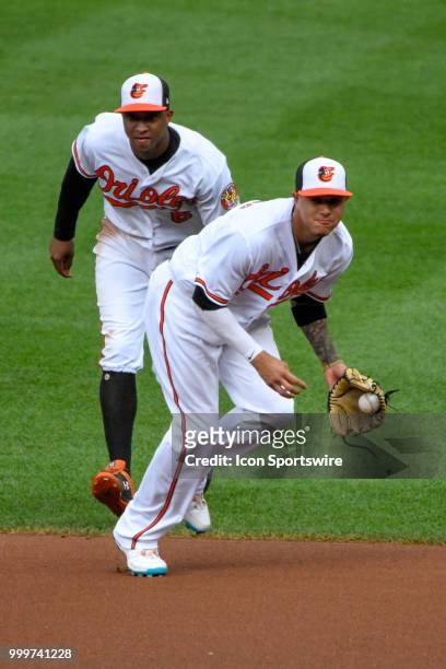 Baltimore Orioles shortstop Manny Machado fields a ground ball in front of second baseman Jonathan Schoop in the fifth inning during the game between...