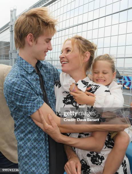 Uma Thurman poses with her children Levon Thurman-Hawke and Luna Thurman-Busson attend the Formula E 2018 Qatar Airways New York City E-Prix, the...