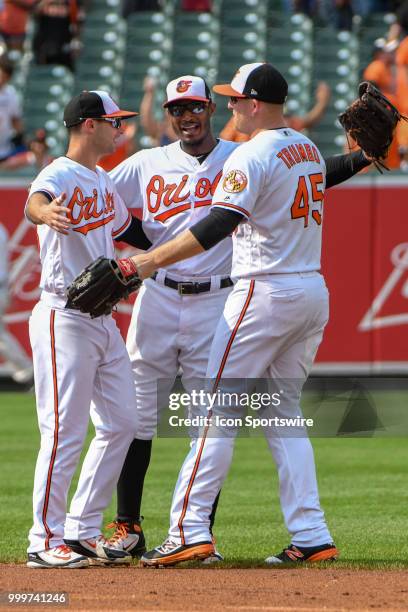 Baltimore Orioles right fielder Joey Rickard , center fielder Adam Jones and right fielder Mark Trumbo celebrate following the game between the Texas...