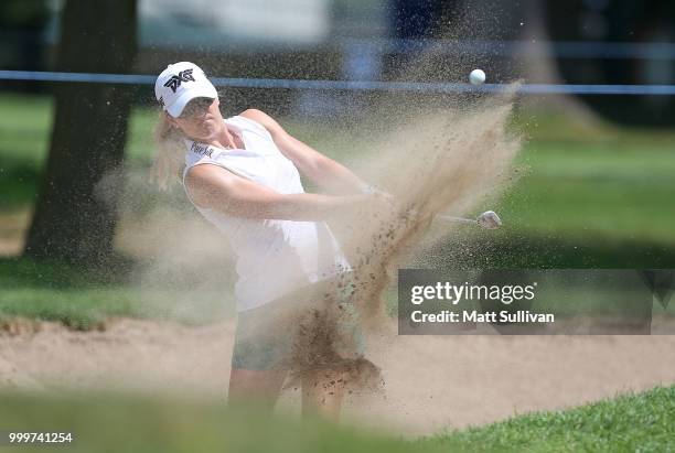 Austin Ernst hits from the sand on the 17th hole during the final round of the Marathon Classic Presented By Owens Corning And O-I at Highland...