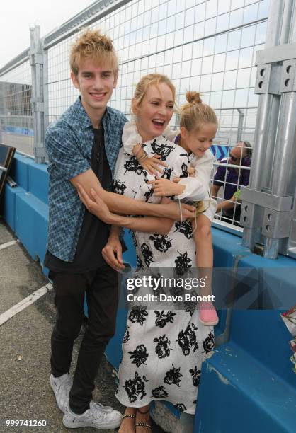 Uma Thurman poses with her children Levon Thurman-Hawke and Luna Thurman-Busson attend the Formula E 2018 Qatar Airways New York City E-Prix, the...