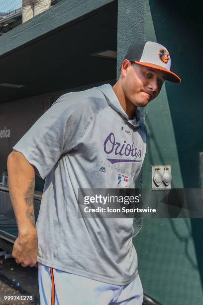Baltimore Orioles shortstop Manny Machado walks out of the dugout following the game between the Texas Rangers and the Baltimore Orioles on July 15...
