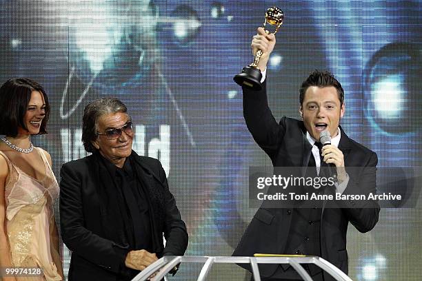 Asia Argento, Designer Roberto Cavalli and Tiziano Ferro speak onstage during the World Music Awards 2010 at the Sporting Club on May 18, 2010 in...