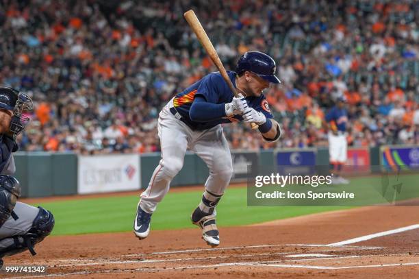 Houston Astros infielder Alex Bregman is brushed back from the plate during the baseball game between the Detroit Tigers and the Houston Astros on...