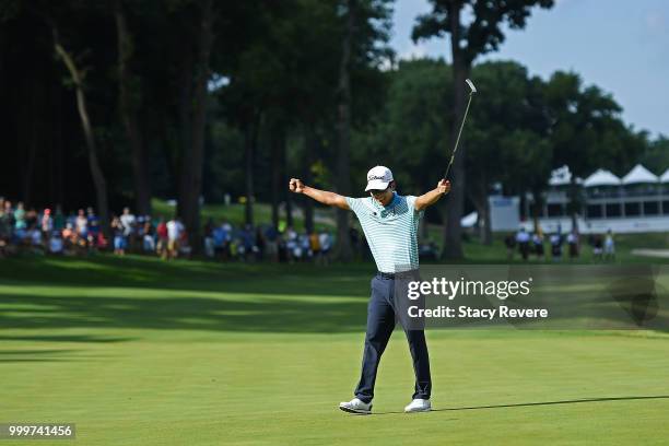 Michael Kim reacts after winning the John Deere Classic at TPC Deere Run on July 15, 2018 in Silvis, Illinois.