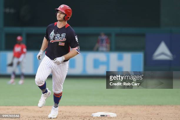 Peter Alonso of the New York Mets and the U.S. Team rounds the bases after scoring a two-run home run in the seventh inning against the World Team...