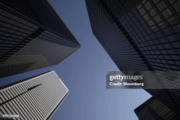 The Bank of Montreal headquarters, bottom left, stands in the financial district of Toronto, Ontario, Canada, on Wednesday, July 11, 2018. Canadian...