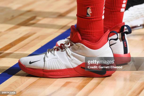 The sneakers of Chris Boucher of the Toronto Raptors as seen during the game against the Cleveland Cavaliers during the 2018 Las Vegas Summer League...