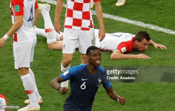 Paul Pogba of France celebrates after scoring a goal during the 2018 FIFA World Cup Russia final match between France and Croatia at the Luzhniki...