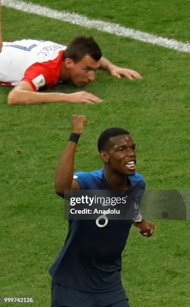 Paul Pogba of France celebrates after scoring a goal during the 2018 FIFA World Cup Russia final match between France and Croatia at the Luzhniki...