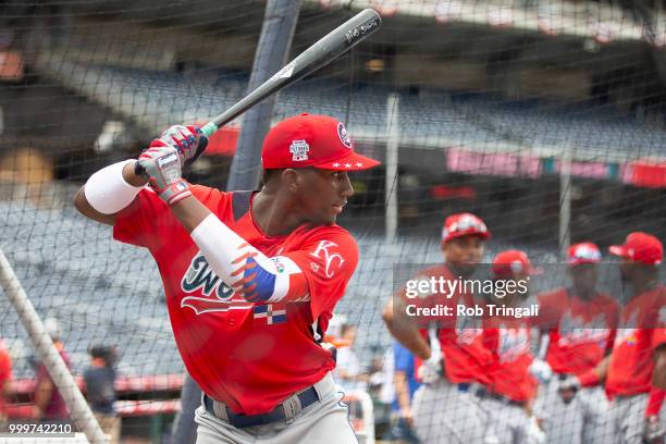 Seuly Matias of the World Team takes batting practice during the SiriusXM All-Star Futures Game at Nationals Park on Sunday, July 15, 2018 in...