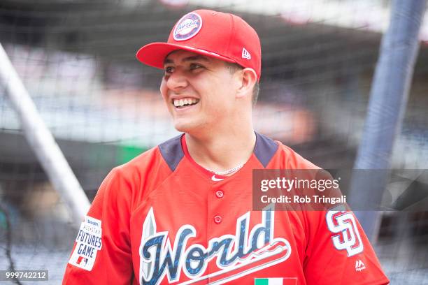 Luis Urias of the World Team reacts during batting practice during the SiriusXM All-Star Futures Game at Nationals Park on Sunday, July 15, 2018 in...