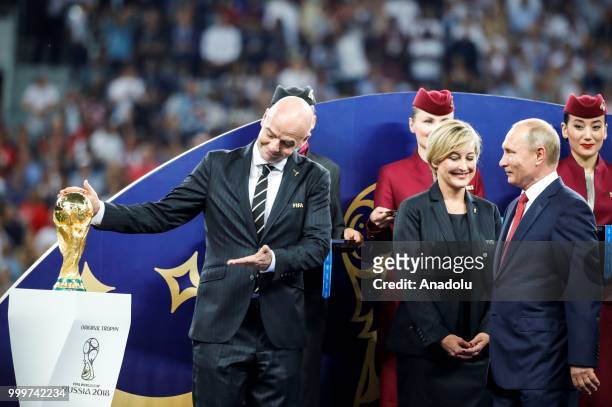 Russian President Vladimir Putin and FIFA President Gianni Infantino attend the award ceremony of the 2018 FIFA World Cup Russia final at the...