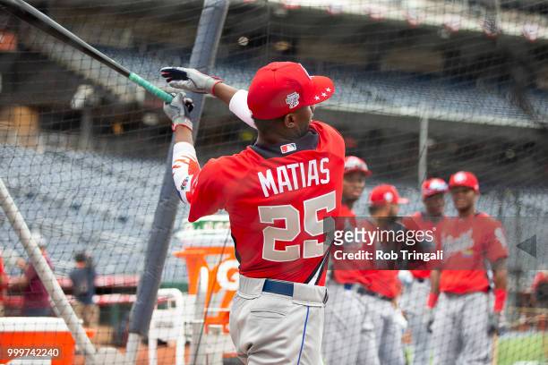 Seuly Matias of the World Team takes batting practice during the SiriusXM All-Star Futures Game at Nationals Park on Sunday, July 15, 2018 in...