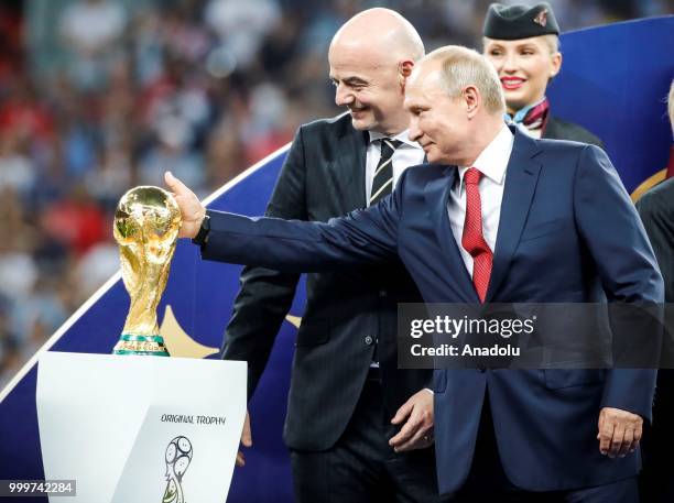 Russian President Vladimir Putin and FIFA President Gianni Infantino attend the award ceremony of the 2018 FIFA World Cup Russia final at the...