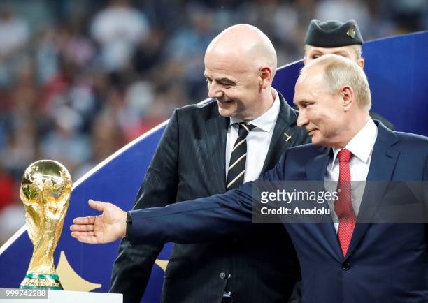 Russian President Vladimir Putin and FIFA President Gianni Infantino attend the award ceremony of the 2018 FIFA World Cup Russia final at the...