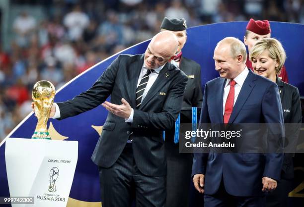 Russian President Vladimir Putin and FIFA President Gianni Infantino attend the award ceremony of the 2018 FIFA World Cup Russia final at the...