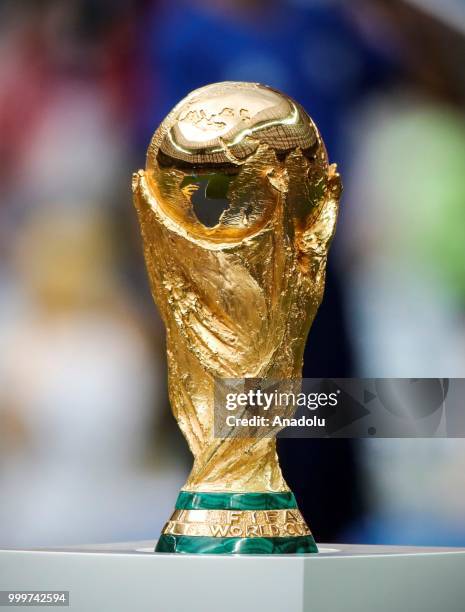World Cup trophy is seen ahead of the 2018 FIFA World Cup Russia final match between France and Croatia at the Luzhniki Stadium in Moscow, Russia on...