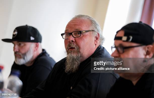 Dirk Faehnrich , Andre Sommer and Django, all members of the Hells Angels MC Nomads are speaking at a press conference in Berlin, Germany, 06...