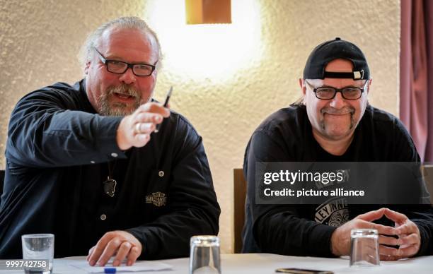 Dirk Faehnrich and Andre Sommer, both members of the Hells Angels MC Nomads are speaking at a press conference in Berlin, Germany, 06 September 2017....