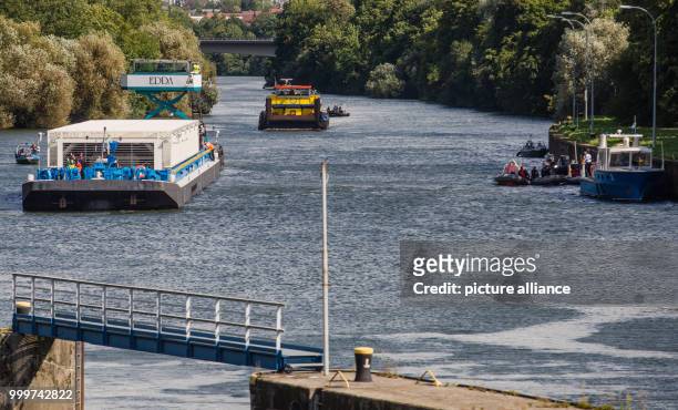 The push boat Edda, used for another transport of castors with nuclear waste of energy company EnBW, arrives at the lock in Horkheim, Germany, 06...