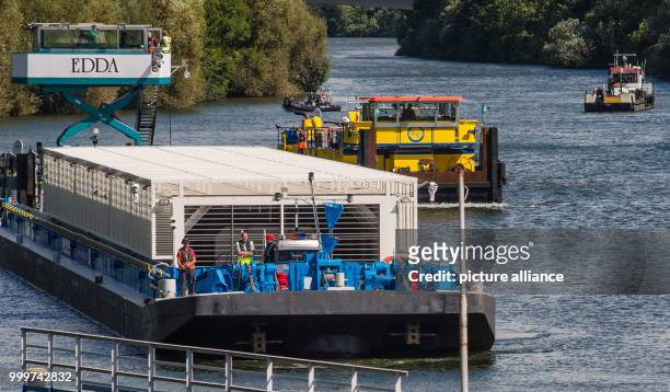 The push boat Edda, used for another transport of castors with nuclear waste of energy company EnBW, arrives at the lock in Horkheim, Germany, 06...
