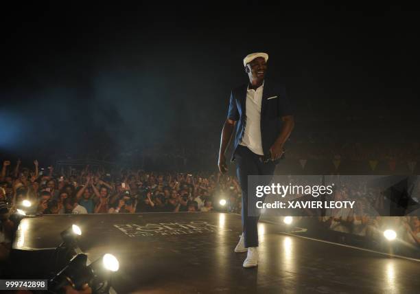 French singer MC Solar performs during the 34th edition of the Francofolies Music Festival in La Rochelle, southwestern France, on July 15, 2018.