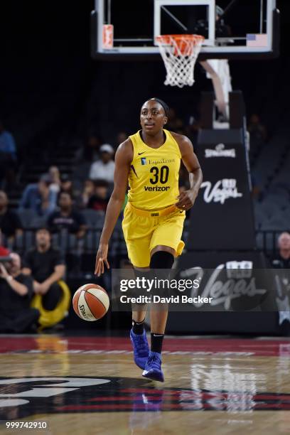 Nneka Ogwumike of the Los Angeles Sparks handles the ball against the Las Vegas Aces on July 15, 2018 at the Mandalay Bay Events Center in Las Vegas,...