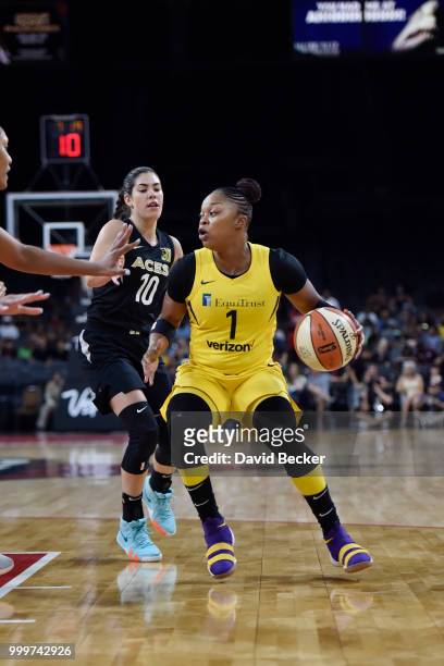 Odyssey Sims of the Los Angeles Sparks handles the ball against the Las Vegas Aces on July 15, 2018 at the Mandalay Bay Events Center in Las Vegas,...