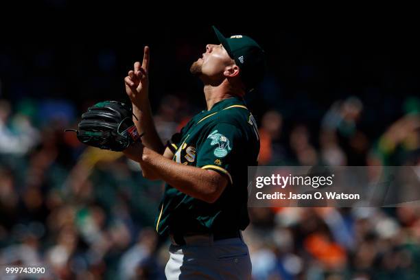 Blake Treinen of the Oakland Athletics celebrates after the game against the San Francisco Giants at AT&T Park on July 15, 2018 in San Francisco,...