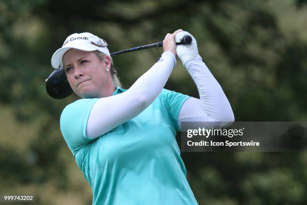 Brittany Lincicome watches her tee shot on the 17th hole during the final round of the LPGA Marathon Classic presented by Owens Corning and O-I at...