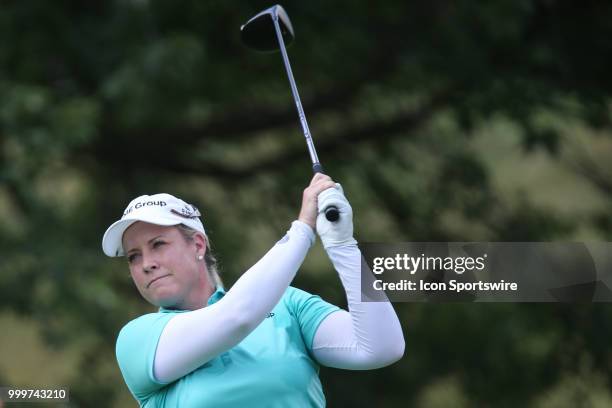 Brittany Lincicome watches her tee shot on the 17th hole during the final round of the LPGA Marathon Classic presented by Owens Corning and O-I at...