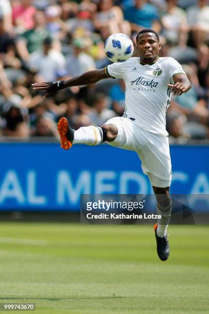 Alvas Powell of the Portland Timbers gains control of the ball at Banc of California Stadium on July 15, 2018 in Los Angeles, California.