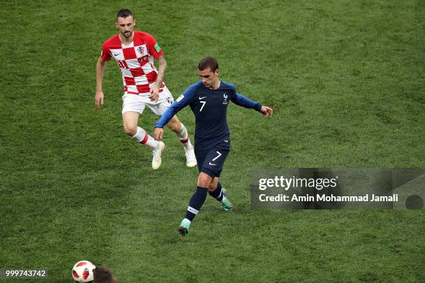 Antoine Griezmann of Francein action during the 2018 FIFA World Cup Russia Final between France and Croatia at Luzhniki Stadium on July 15, 2018 in...