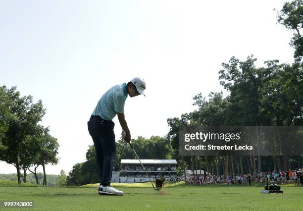 Michael Kim hits a tee shot on the 16th hole during the final round of the John Deere Classic at TPC Deere Run on July 15, 2018 in Silvis, Illinois.