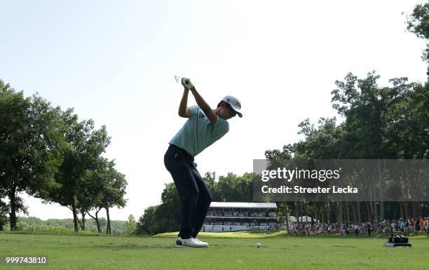 Michael Kim hits a tee shot on the 16th hole during the final round of the John Deere Classic at TPC Deere Run on July 15, 2018 in Silvis, Illinois.