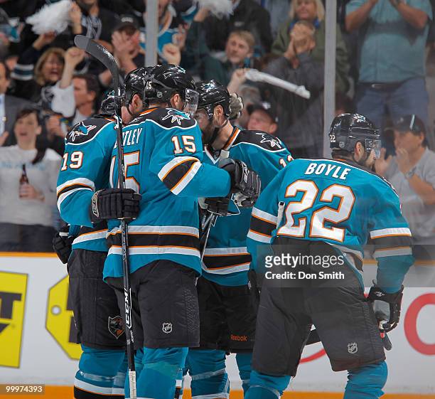 The San Jose Sharks celebrate a second-period goal in Game Two of the Western Conference Finals during the 2010 NHL Stanley Cup Playoffs vs the...