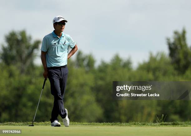 Michael Kim waits to putt on the 16th green during the final round of the John Deere Classic at TPC Deere Run on July 15, 2018 in Silvis, Illinois.