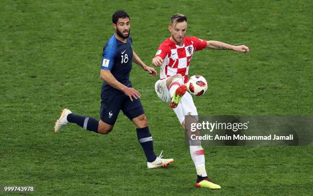 Sime Vrsaljko of Croatia and Djibril Sidibe of France in action during the 2018 FIFA World Cup Russia Final between France and Croatia at Luzhniki...