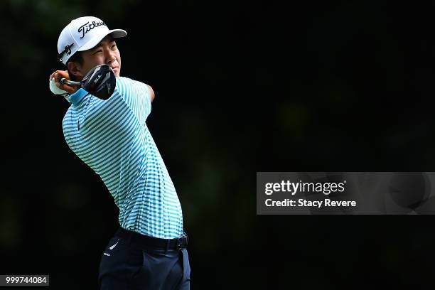 Michael Kim hits his tee shot on the 13th hole during the final round of the John Deere Classic at TPC Deere Run on July 15, 2018 in Silvis, Illinois.