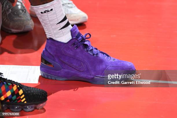 The sneakers of LeBron James of the Los Angeles Lakers as seen during the game against the Detroit Pistons during the 2018 Las Vegas Summer League on...