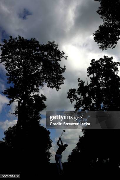 Bronson Burgoon hits a tee shot on the 14th hole during the final round of the John Deere Classic at TPC Deere Run on July 15, 2018 in Silvis,...